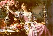 Wladyslaw Czachorski A lady in a lilac dress with flowers oil on canvas